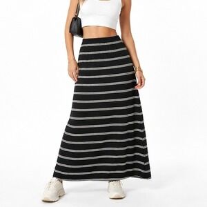 Signature Maxi Skirt L Black White Stripe High Waist Casual Boho Stretch Coastal